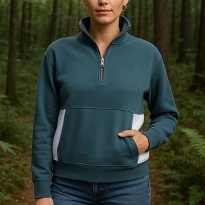 Pact Women's Organic Cotton 1/4 Zip Sweatshirt Jacket Mock Neck Green Purple XL